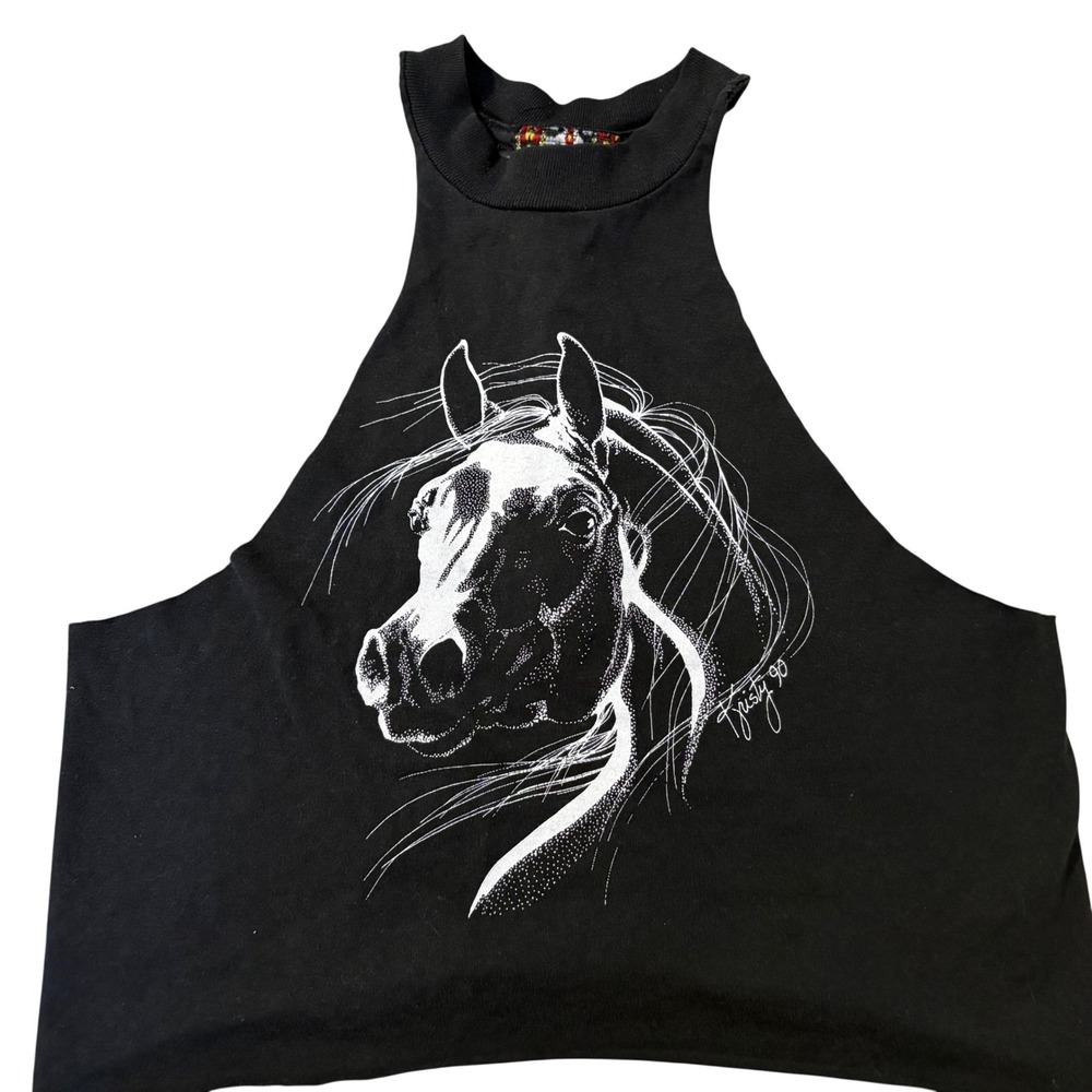 VTG Furst of a‎ Kind Horse Graphic Halter Crop Top Blk Woven Tapestry Back Strap